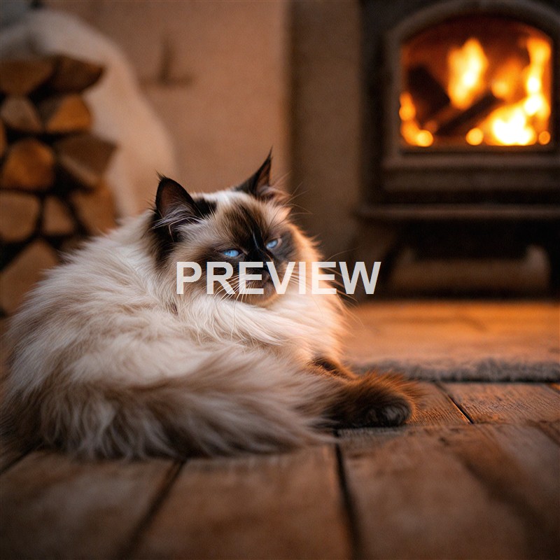 A fluffy Siamese cat with striking blue eyes is lying on a wooden floor beside a cozy fireplace with a warm fire burning.